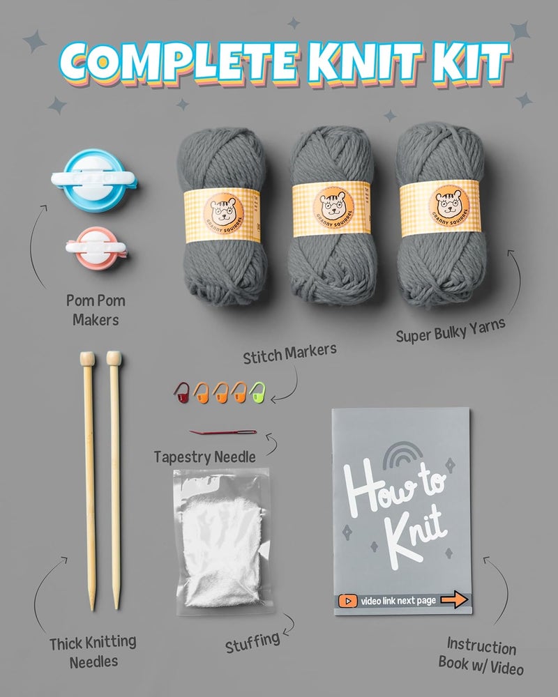 Granny Squirrel Complete Knitting Kit for Beginners - Learn to Knit Kit with Knitting Accessories Like Thick Beginner Yarn in Gray, Bamboo Needles for Beginners & More - Includes Video Tutorials & Written Guide - Image 4